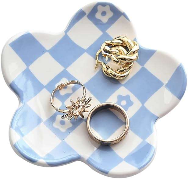 OVENKEI Blue Checkered Jewelry Dish, Ceramic Flower Trinket Tray for Rings & Earrings, Trendy Teen Girls Birthday Gifts, Aesthetic Room Decor for Nightstand Vanity Bathroom Sink & Dorm Desk, 3.8" - Image 1