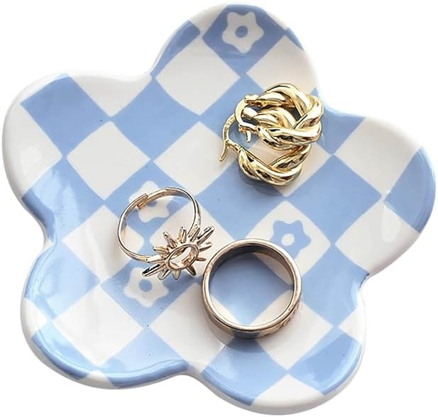 OVENKEI Blue Checkered Jewelry Dish, Ceramic Flower Trinket Tray for Rings & Earrings, Trendy Teen Girls Birthday Gifts, Aesthetic Room Decor for Nightstand Vanity Bathroom Sink & Dorm Desk, 3.8" - Product Image