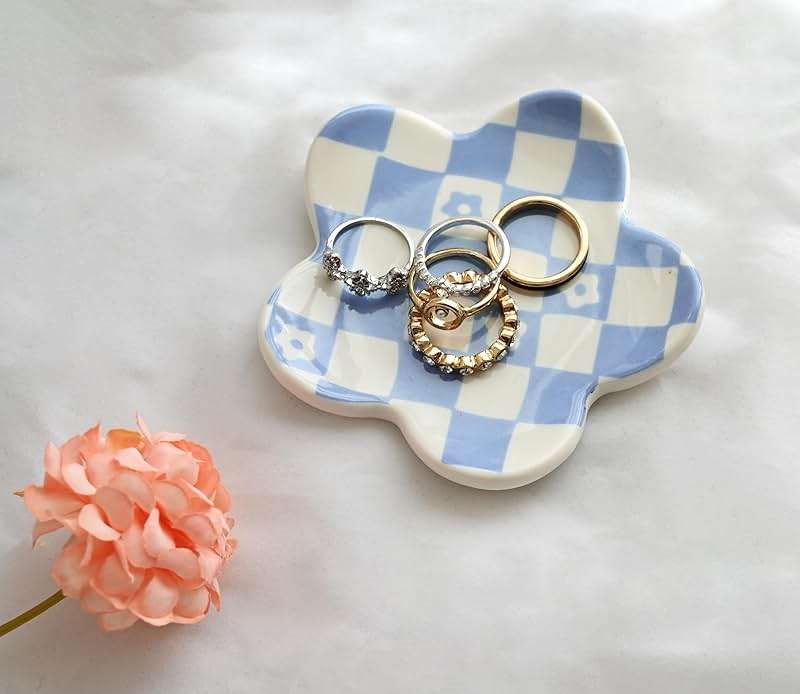 OVENKEI Blue Checkered Jewelry Dish, Ceramic Flower Trinket Tray for Rings & Earrings, Trendy Teen Girls Birthday Gifts, Aesthetic Room Decor for Nightstand Vanity Bathroom Sink & Dorm Desk, 3.8" - Image 2