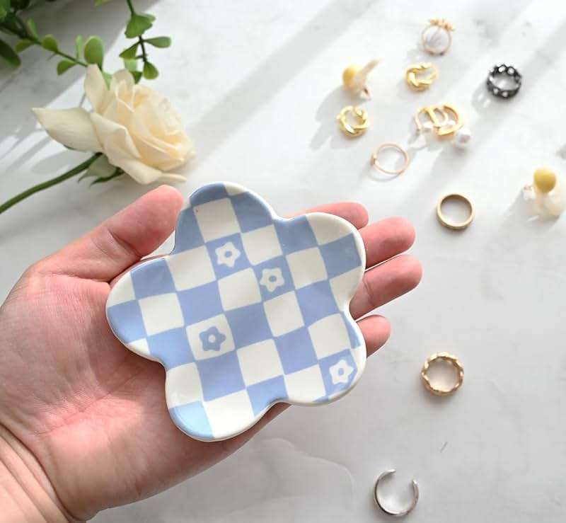 OVENKEI Blue Checkered Jewelry Dish, Ceramic Flower Trinket Tray for Rings & Earrings, Trendy Teen Girls Birthday Gifts, Aesthetic Room Decor for Nightstand Vanity Bathroom Sink & Dorm Desk, 3.8" - Image 3