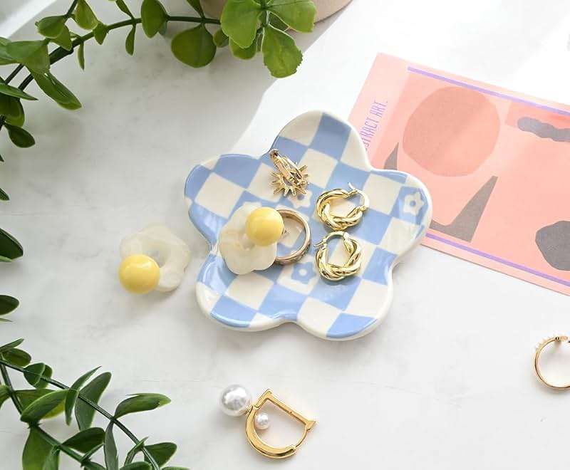 OVENKEI Blue Checkered Jewelry Dish, Ceramic Flower Trinket Tray for Rings & Earrings, Trendy Teen Girls Birthday Gifts, Aesthetic Room Decor for Nightstand Vanity Bathroom Sink & Dorm Desk, 3.8" - Image 5