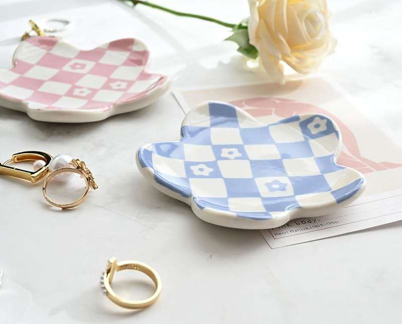 OVENKEI Blue Checkered Jewelry Dish, Ceramic Flower Trinket Tray for Rings & Earrings, Trendy Teen Girls Birthday Gifts, Aesthetic Room Decor for Nightstand Vanity Bathroom Sink & Dorm Desk, 3.8" - Image 6