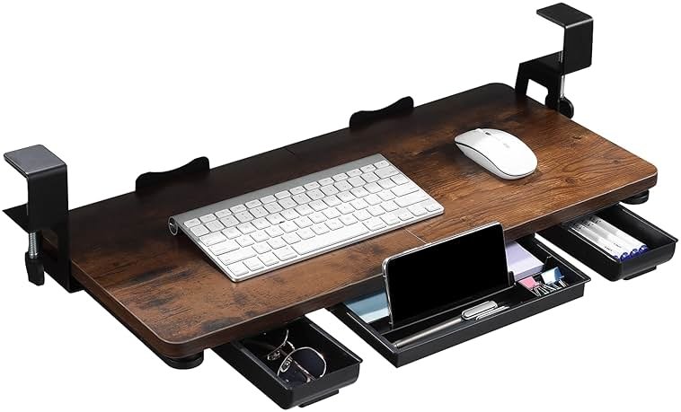Keyboard Tray Under Desk with Drawer,26.77" X 11.81"Large Size Keyboard Tray with C Clamp-on Mount, Easy to Install, for Home Office (Mahogany) - Product Image