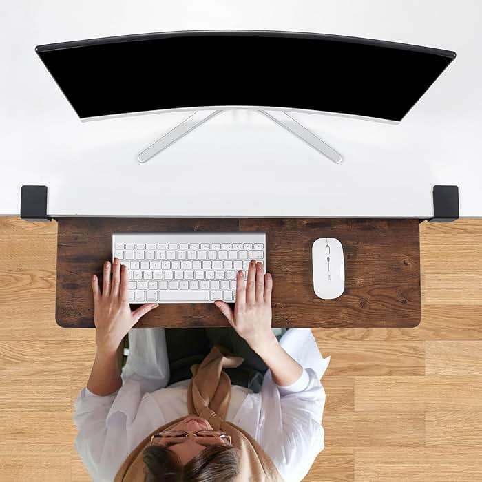 Keyboard Tray Under Desk with Drawer,26.77" X 11.81"Large Size Keyboard Tray with C Clamp-on Mount, Easy to Install, for Home Office (Mahogany) - Image 2