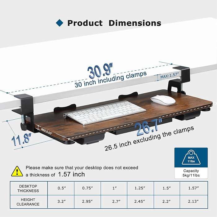 Keyboard Tray Under Desk with Drawer,26.77" X 11.81"Large Size Keyboard Tray with C Clamp-on Mount, Easy to Install, for Home Office (Mahogany) - Image 3
