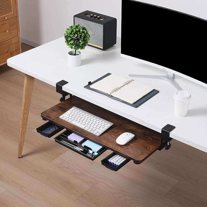 Keyboard Tray Under Desk with Drawer,26.77" X 11.81"Large Size Keyboard Tray with C Clamp-on Mount, Easy to Install, for Home Office (Mahogany) - Image 7