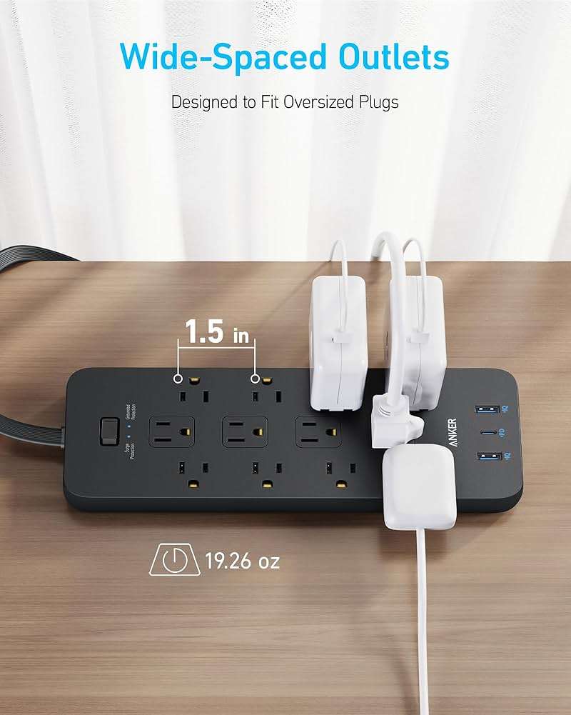 Anker Surge Protector Flat Plug Power Strip(2100J), 12 AC Outlets, 5feet Flat Extension Cord, 1USB C and 2 USB Ports for Multiple Devices, 20W Fast Charging for Home, Office, Dorm Essential, TUV - Image 6