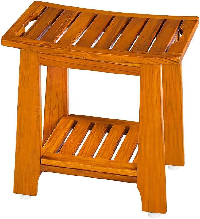14" Compact Teak Shower Stool with Shelf & Handle - Waterproof, Non-Slip Bath Bench for Small Bathrooms/Outdoor Use, 300 lbs Capacity (Patented) - Image 1