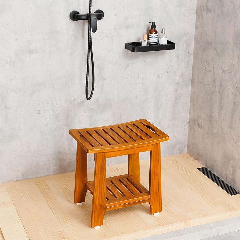 14" Compact Teak Shower Stool with Shelf & Handle - Waterproof, Non-Slip Bath Bench for Small Bathrooms/Outdoor Use, 300 lbs Capacity (Patented) - Image 2
