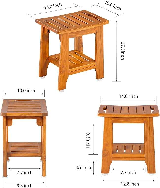 14" Compact Teak Shower Stool with Shelf & Handle - Waterproof, Non-Slip Bath Bench for Small Bathrooms/Outdoor Use, 300 lbs Capacity (Patented) - Image 3