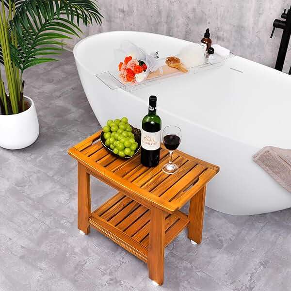 14" Compact Teak Shower Stool with Shelf & Handle - Waterproof, Non-Slip Bath Bench for Small Bathrooms/Outdoor Use, 300 lbs Capacity (Patented) - Image 5