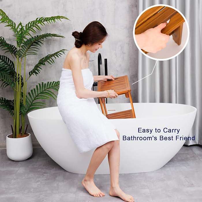 14" Compact Teak Shower Stool with Shelf & Handle - Waterproof, Non-Slip Bath Bench for Small Bathrooms/Outdoor Use, 300 lbs Capacity (Patented) - Image 6