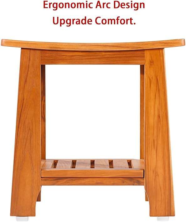14" Compact Teak Shower Stool with Shelf & Handle - Waterproof, Non-Slip Bath Bench for Small Bathrooms/Outdoor Use, 300 lbs Capacity (Patented) - Image 7