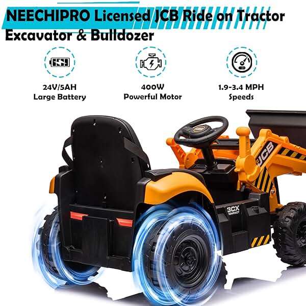 NEECHIPRO 24V 3 in 1 Ride on Tractor, Excavator & Bulldozer for Kids, Licensed JCB Electric Vehicle w/Remote Control, Front Loader Shovel, Digger, 400W Motor Battery Powered Ride on Car (Yellow) - Image 4