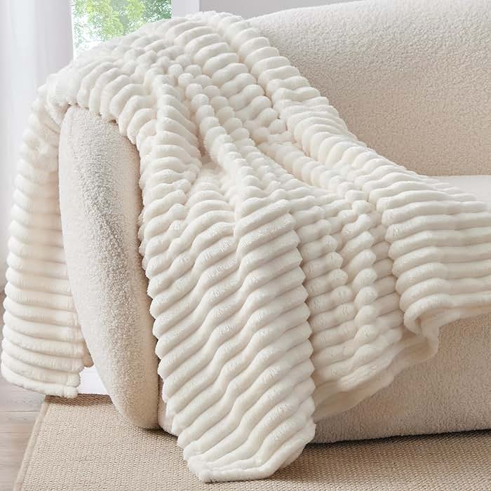 BEDELITE Fleece Throw Blanket for Couch - 300GSM Soft & Warm Fluffy Cream White Blanket, Decorative and Giftable Striped Blankets for Women, Men, 50"x60" - Product Image