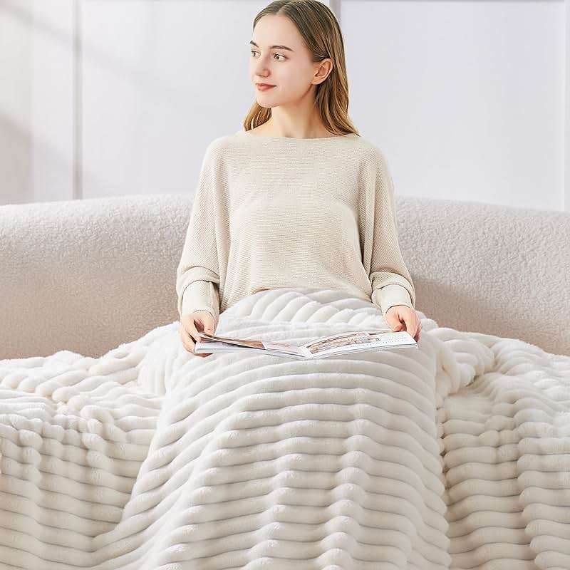 BEDELITE Fleece Throw Blanket for Couch - 300GSM Soft & Warm Fluffy Cream White Blanket, Decorative and Giftable Striped Blankets for Women, Men, 50"x60" - Image 3
