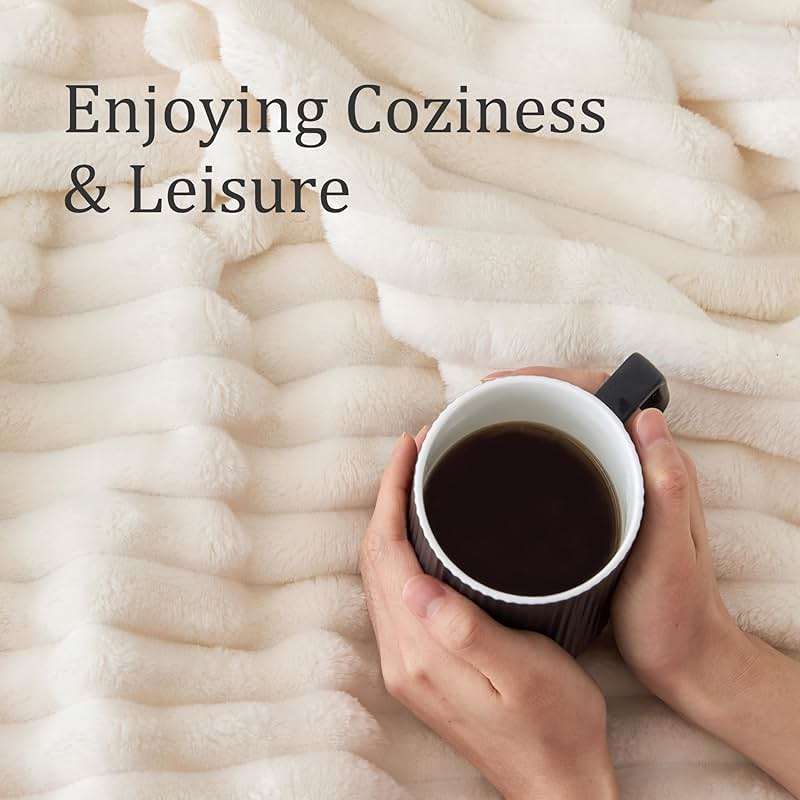 BEDELITE Fleece Throw Blanket for Couch - 300GSM Soft & Warm Fluffy Cream White Blanket, Decorative and Giftable Striped Blankets for Women, Men, 50"x60" - Image 4