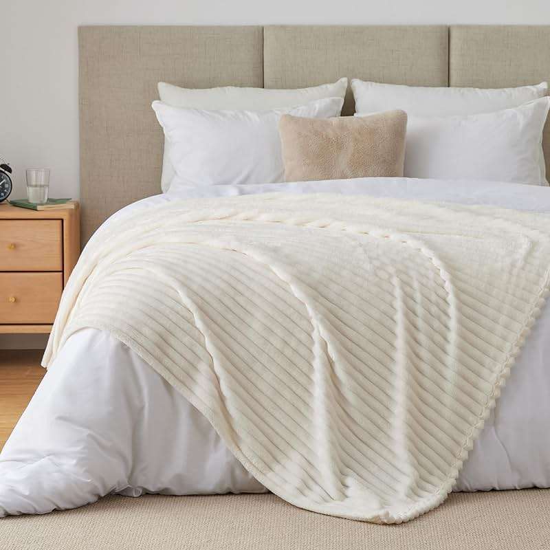 BEDELITE Fleece Throw Blanket for Couch - 300GSM Soft & Warm Fluffy Cream White Blanket, Decorative and Giftable Striped Blankets for Women, Men, 50"x60" - Image 8