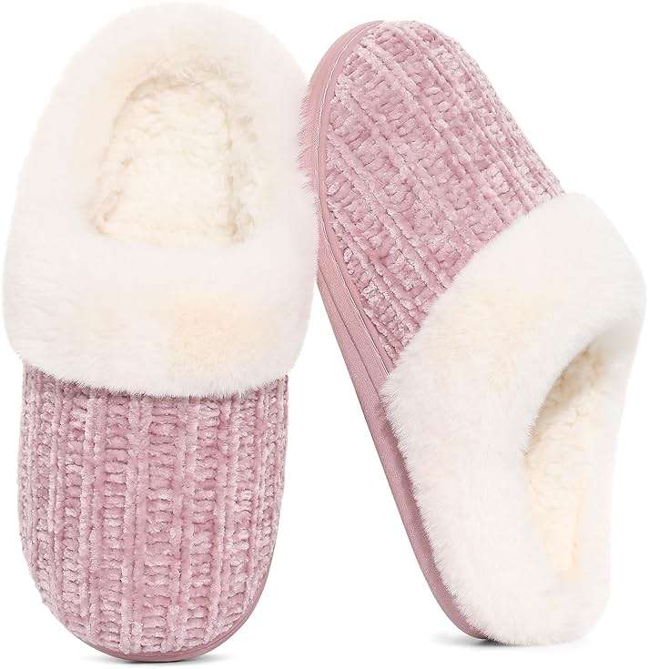 Evshine Warm Knit House Slippers for Women Comfy Wool-Like Lined Chenille Slippers with Memory Foam and Indoor Outdoor Soles - Image 1