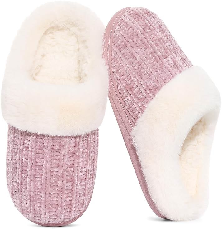 Evshine Warm Knit House Slippers for Women Comfy Wool-Like Lined Chenille Slippers with Memory Foam and Indoor Outdoor Soles - Product Image