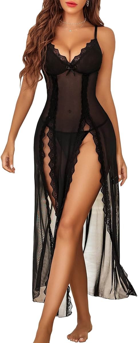 Avidlove Women Lingerie Lace Babydoll Chemise Sexy Mesh Nightdress V Neck Nightwear Side Split Nightgown - Product Image