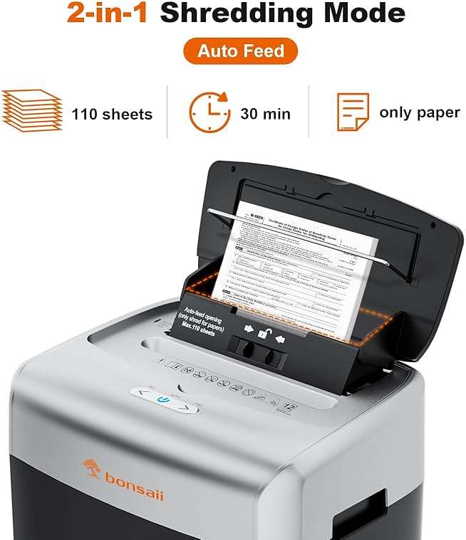 Bonsaii Paper Shredder for Office, 120-Sheet Autofeed Heavy Duty Shredder for Home Office Use, 30 Minutes/Micro Cut/P-4 High Security Level/6 Gallon Large Bin - Image 2