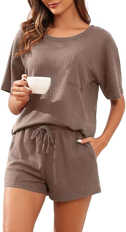 PrinStory Pajamas Set for Women Waffle Knit Lounge Set 2 Piece Outfits Loungewear Sweatsuit with Pockets - Image 1