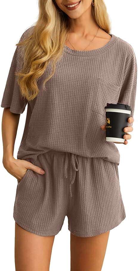 PrinStory Pajamas Set for Women Waffle Knit Lounge Set 2 Piece Outfits Loungewear Sweatsuit with Pockets - Image 4