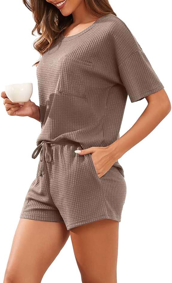 PrinStory Pajamas Set for Women Waffle Knit Lounge Set 2 Piece Outfits Loungewear Sweatsuit with Pockets - Image 5