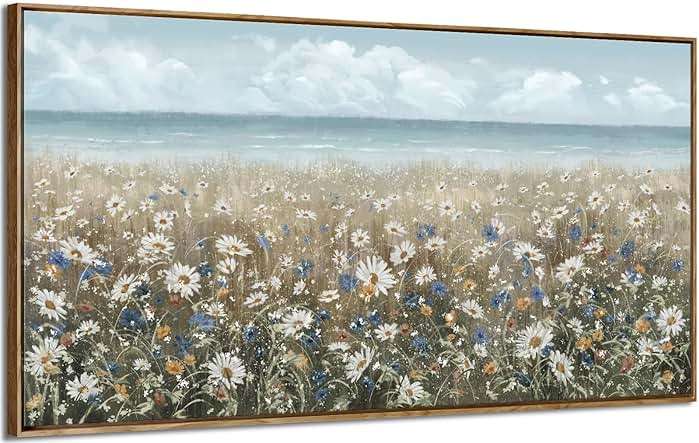 amatop Large Wall Art for Living Room Framed Boho Beach Coastal Floral Ocean Wall Picture Farmhouse Daisy Flower Sea Canvas Print Nautical Neutral Vintage Warm Artwork Home Bedroom Office Decor 48x24 - Image 1