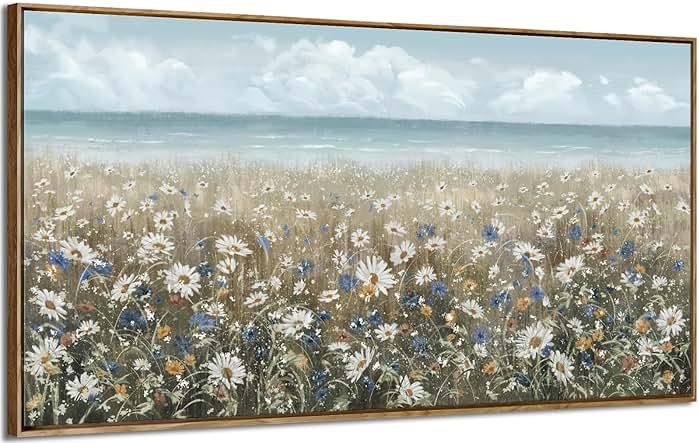 amatop Large Wall Art for Living Room Framed Boho Beach Coastal Floral Ocean Wall Picture Farmhouse Daisy Flower Sea Canvas Print Nautical Neutral Vintage Warm Artwork Home Bedroom Office Decor 48x24 - Product Image