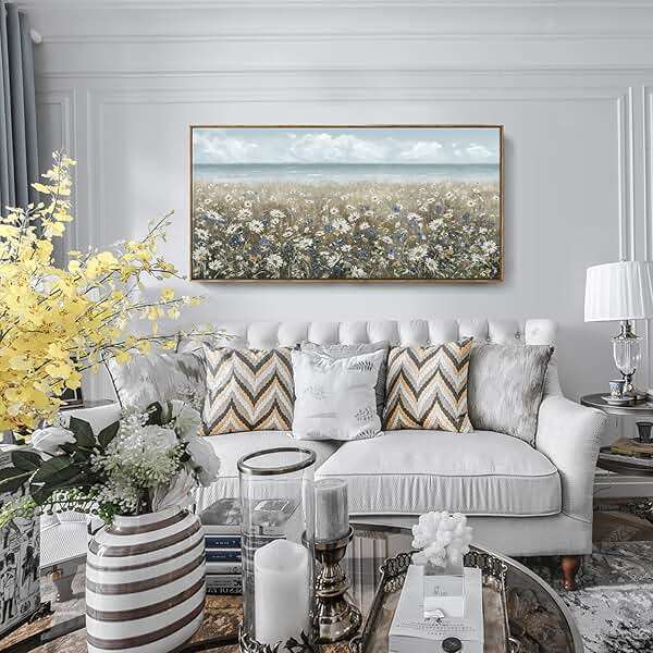 amatop Large Wall Art for Living Room Framed Boho Beach Coastal Floral Ocean Wall Picture Farmhouse Daisy Flower Sea Canvas Print Nautical Neutral Vintage Warm Artwork Home Bedroom Office Decor 48x24 - Image 2