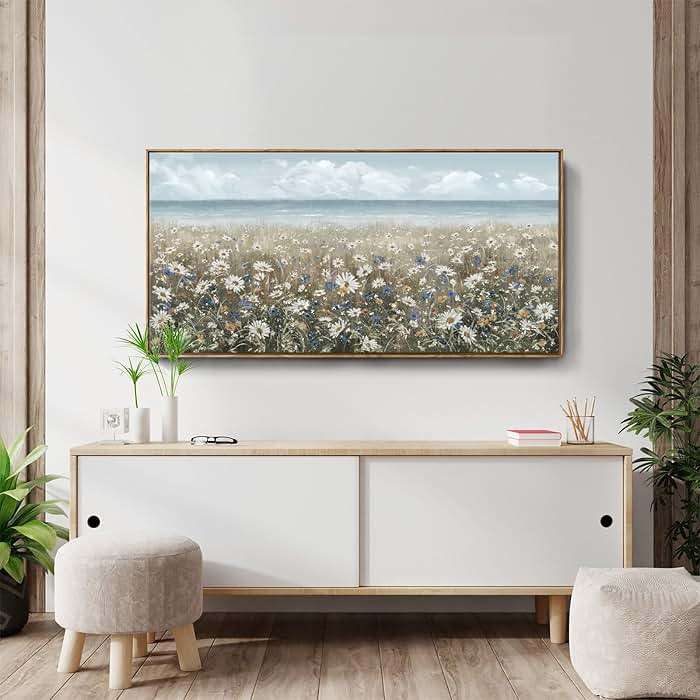 amatop Large Wall Art for Living Room Framed Boho Beach Coastal Floral Ocean Wall Picture Farmhouse Daisy Flower Sea Canvas Print Nautical Neutral Vintage Warm Artwork Home Bedroom Office Decor 48x24 - Image 7