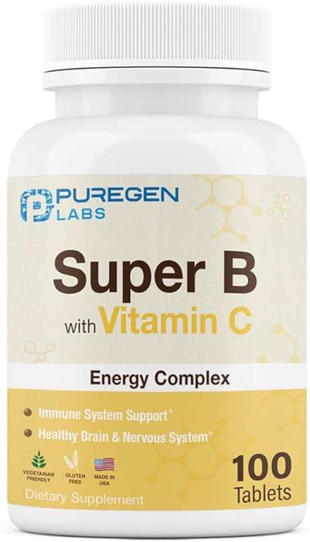 Puregen Labs Super B Energy Complex with Vitamin C - Immune Health, Energy & Nervous System Support - Non-GMO, Gluten-Free 100 Vegetarian Tablets - Image 1