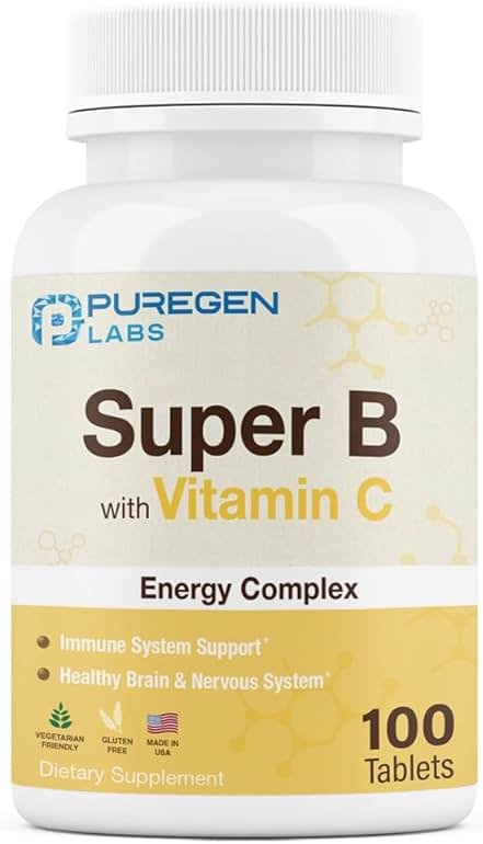 Puregen Labs Super B Energy Complex with Vitamin C - Immune Health, Energy & Nervous System Support - Non-GMO, Gluten-Free 100 Vegetarian Tablets - Product Image