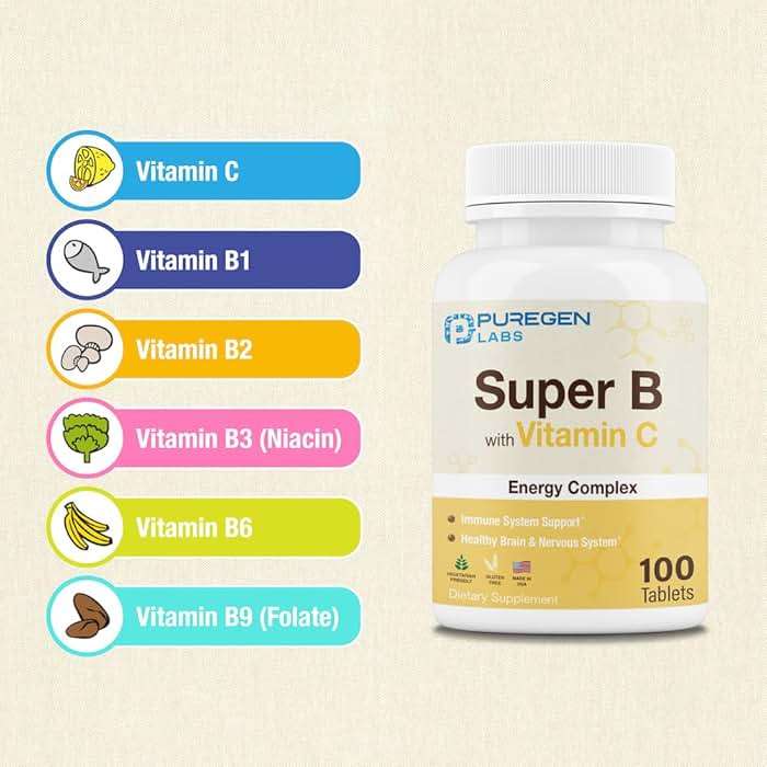 Puregen Labs Super B Energy Complex with Vitamin C - Immune Health, Energy & Nervous System Support - Non-GMO, Gluten-Free 100 Vegetarian Tablets - Image 3