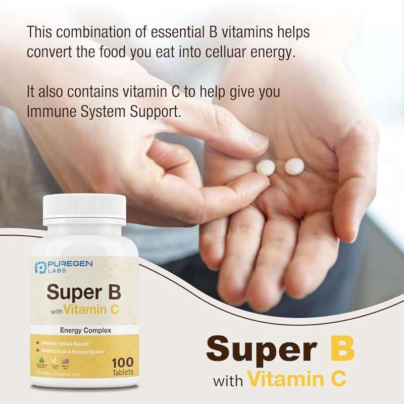 Puregen Labs Super B Energy Complex with Vitamin C - Immune Health, Energy & Nervous System Support - Non-GMO, Gluten-Free 100 Vegetarian Tablets - Image 5