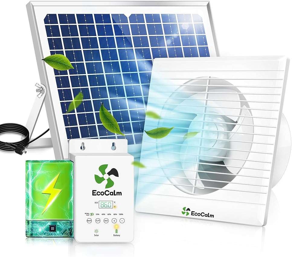 ecoCalm Solar Fan with Battery and Adjustable Thermostat, 8" Solar Powered Fans for Shed with 25W Bifacial Solar Panel & Exhaust Fan for Greenhouse/Outside with Anti-backflow Valve - Image 1