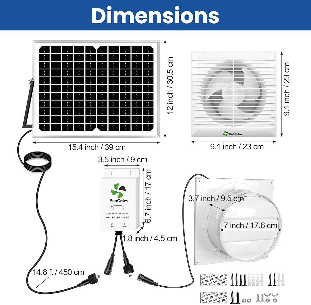 ecoCalm Solar Fan with Battery and Adjustable Thermostat, 8" Solar Powered Fans for Shed with 25W Bifacial Solar Panel & Exhaust Fan for Greenhouse/Outside with Anti-backflow Valve - Image 2