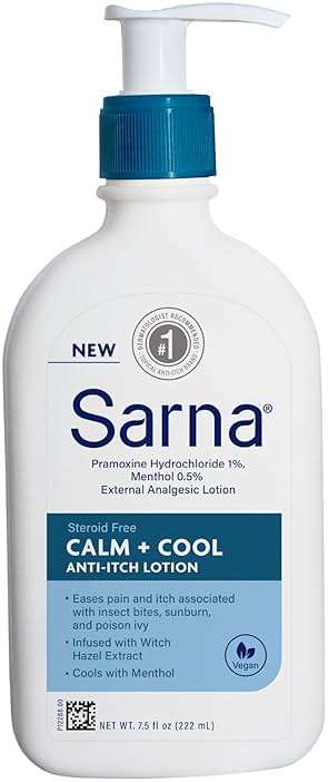 Sarna Calm and Cool Anti-Itch Lotion, Soothe and Relieve Pain and Itch from Insect Bites, Sunburn, Poison Ivy, Contains 1% Pramoxine Hydrochloride, 0.5% Menthol, Vegan, Steroid-Free, 7.5oz - Image 1