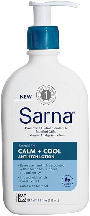 Sarna Calm and Cool Anti-Itch Lotion, Soothe and Relieve Pain and Itch from Insect Bites, Sunburn, Poison Ivy, Contains 1% Pramoxine Hydrochloride, 0.5% Menthol, Vegan, Steroid-Free, 7.5oz - Product Image