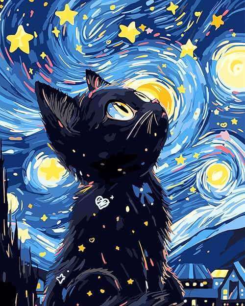 Yunnuo Paint by Numbers Kit for Adults Beginners Cat, Starry Night Black Cat Number Painting Set Craft Supplies, 3 Paintbrushes and Acrylic Paint 16x20 Inch Canvas,Home Wall Decor - Image 1