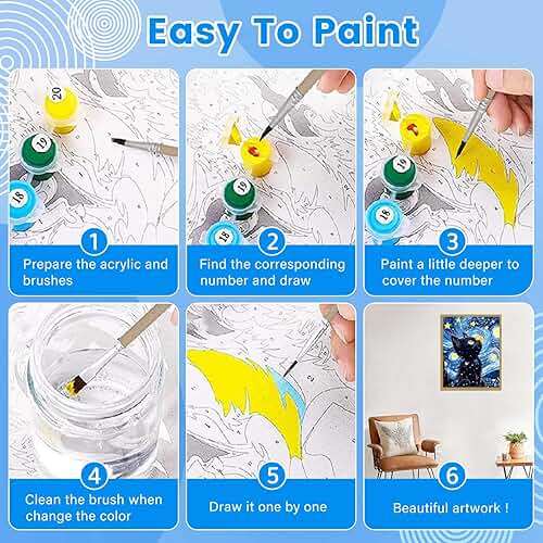 Yunnuo Paint by Numbers Kit for Adults Beginners Cat, Starry Night Black Cat Number Painting Set Craft Supplies, 3 Paintbrushes and Acrylic Paint 16x20 Inch Canvas,Home Wall Decor - Image 6