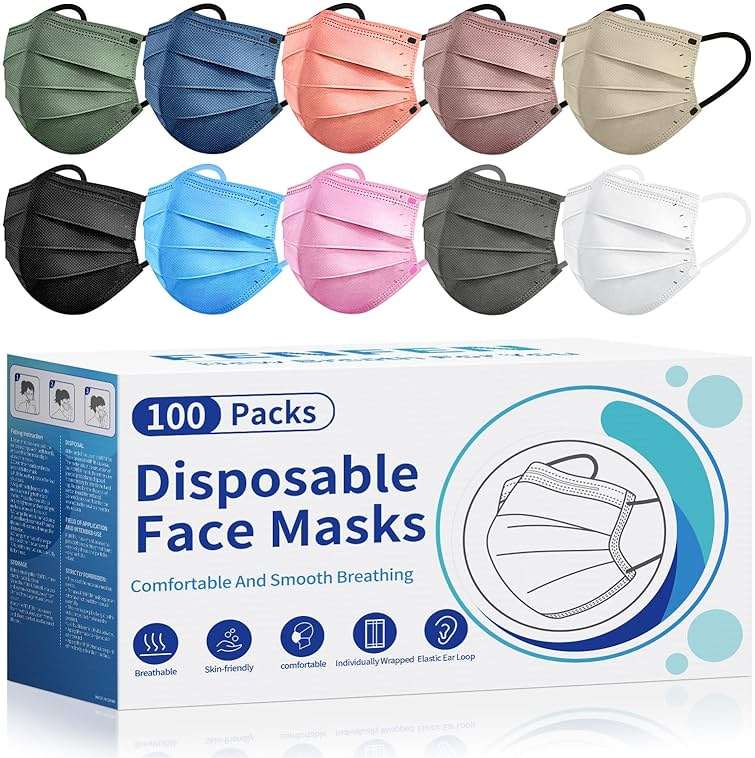 Disposable Face Mask For Adults - Travel Essentials, 100 Pack Individually Wrapped, 4 Ply Protection,Safety Masks Disposable - Image 1