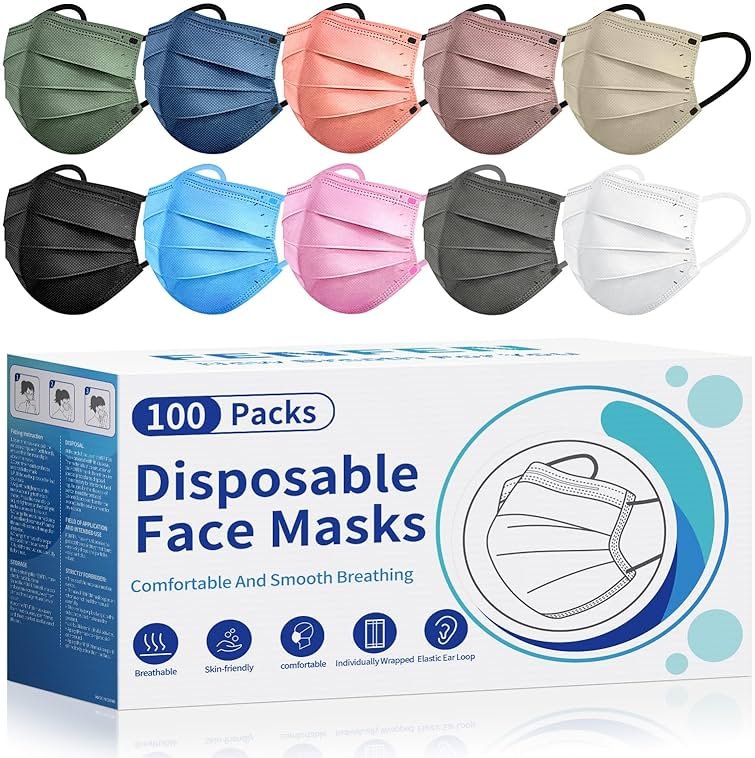 Disposable Face Mask For Adults - Travel Essentials, 100 Pack Individually Wrapped, 4 Ply Protection,Safety Masks Disposable - Product Image
