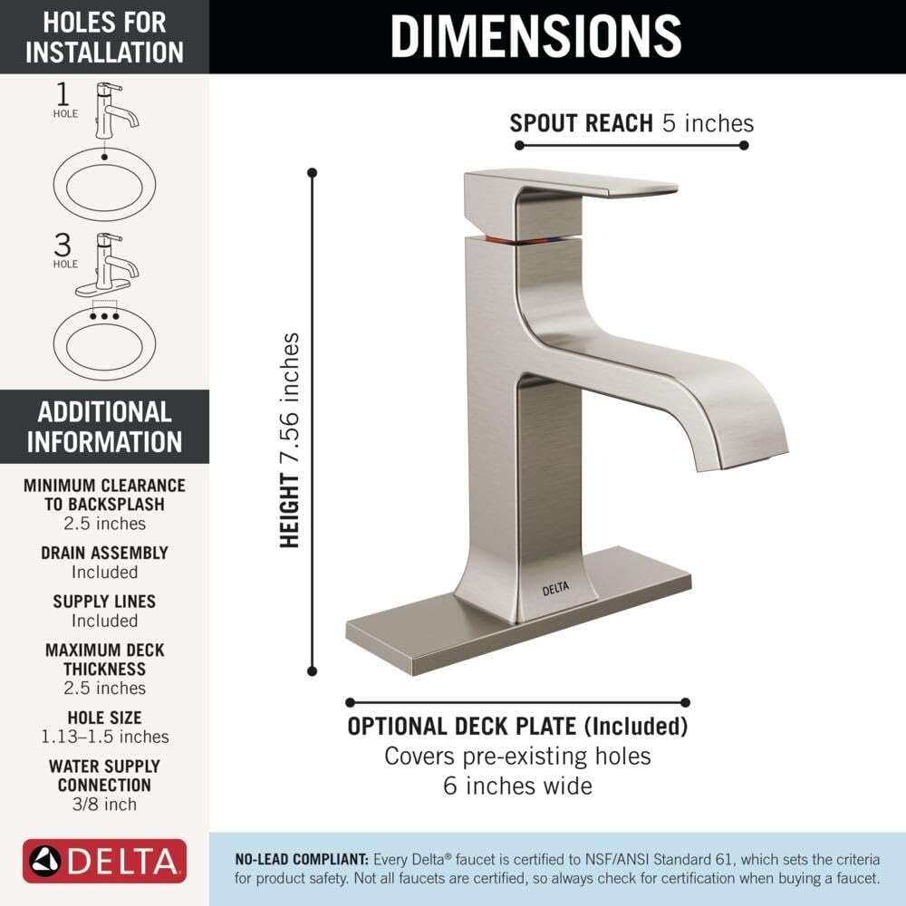 Delta Velum Brushed Nickel Bathroom Faucet 1 Hole, Single Hole Bathroom Sink Faucet for Vanity, Metal Push-Pop Drain Assembly, Stainless 539-SSMPU-DST - Image 3