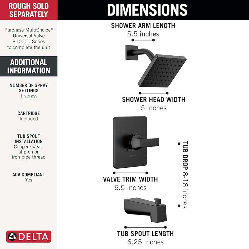 Delta Faucet Velum 14 Series Single-Function Black Tub and Shower Faucet Set, Valve Trim Kit, Shower Handle, Delta Shower Trim Kit, Shower Set, Matte Black T14437-BL (Valve Not Included) - Image 3