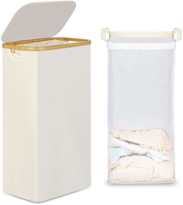 efluky Slim Laundry Basket with Lid, Narrow Laundry Hamper with Removable Bag, Skinny Dirty Clothes Basket with Bamboo Handles for Bathroom, Bedroom & Laundry Room, 75L Beige - Image 1