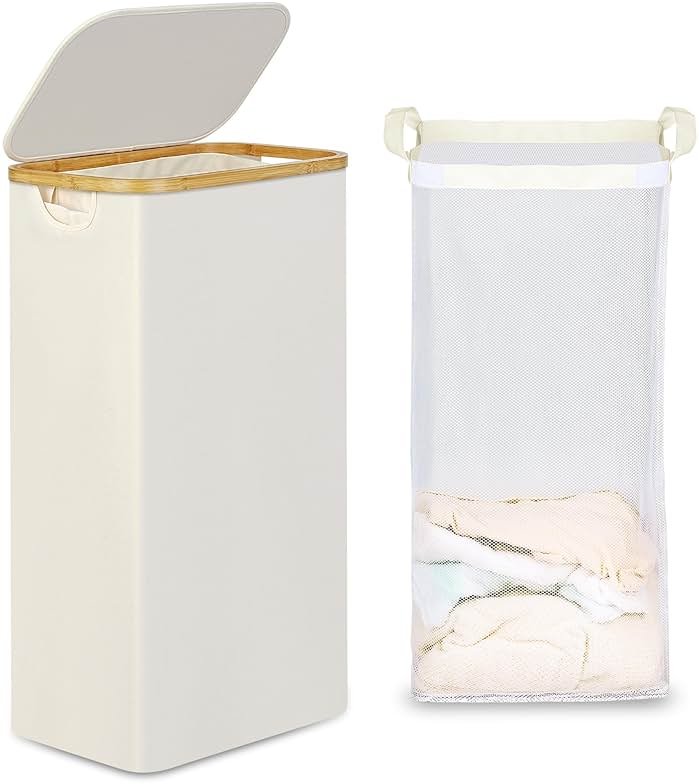 efluky Slim Laundry Basket with Lid, Narrow Laundry Hamper with Removable Bag, Skinny Dirty Clothes Basket with Bamboo Handles for Bathroom, Bedroom & Laundry Room, 75L Beige - Product Image