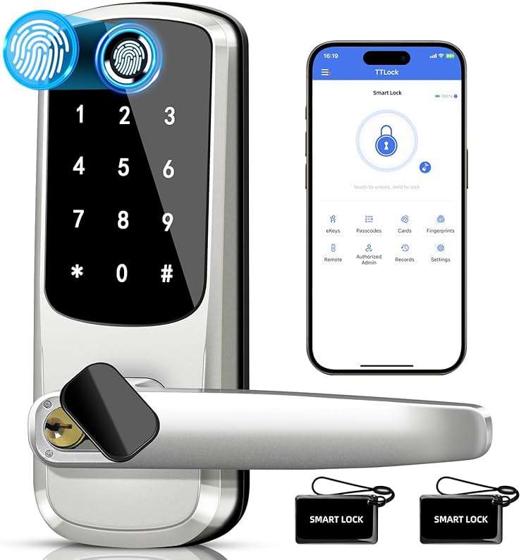 Smart Lock with Handle Set, Biometric Fingerprint Keyless Entry Deadbolt, Electronic Digital Keypad with App Control & Auto-Lock for Front Door, Home, Airbnb & Rental, Satin Nickel - Image 1